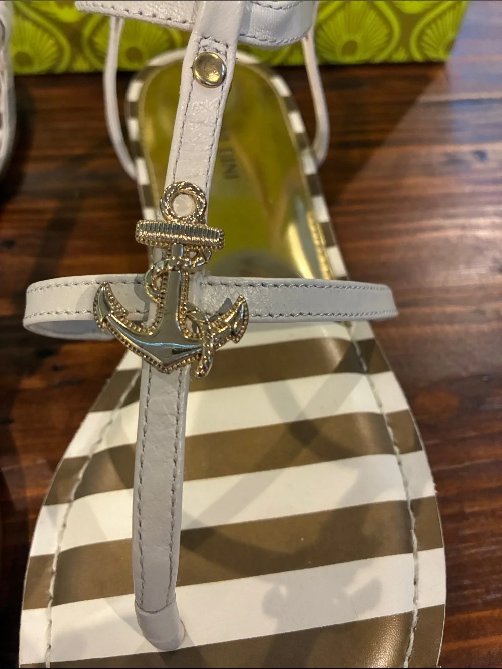 Gianni Bini White and Brown Striped Anchor T-Strap Sandals